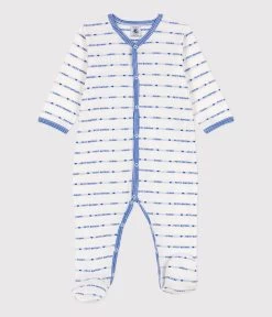 Petit Bateau PATTERNED KNIT COTTON SLEEPSUIT MARSHMALLOW White/PERSE Blue